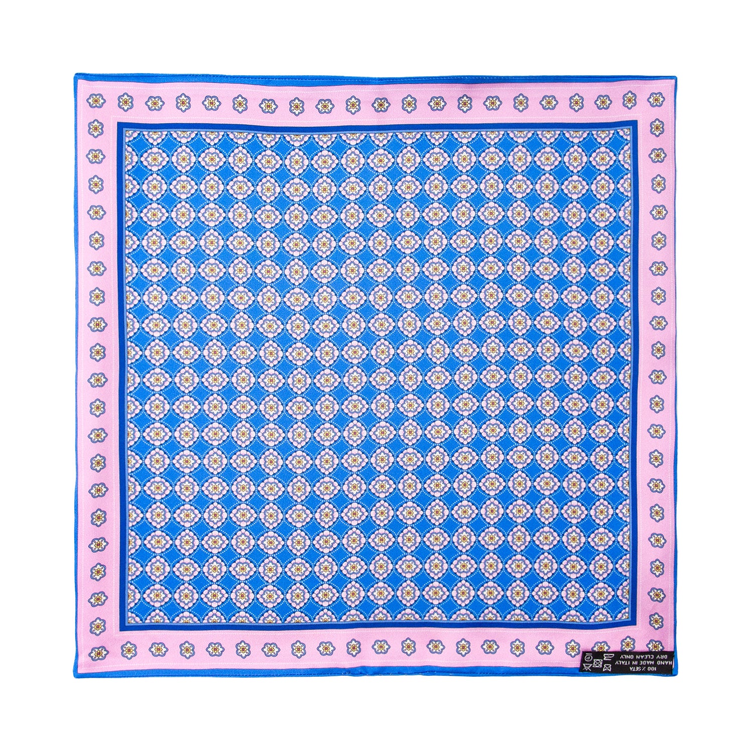 PAÑUELO DE SEDA AZUL CON FLORES GEOMÉTRICOS EN ROSA Y AZUL MEDIANOCHE