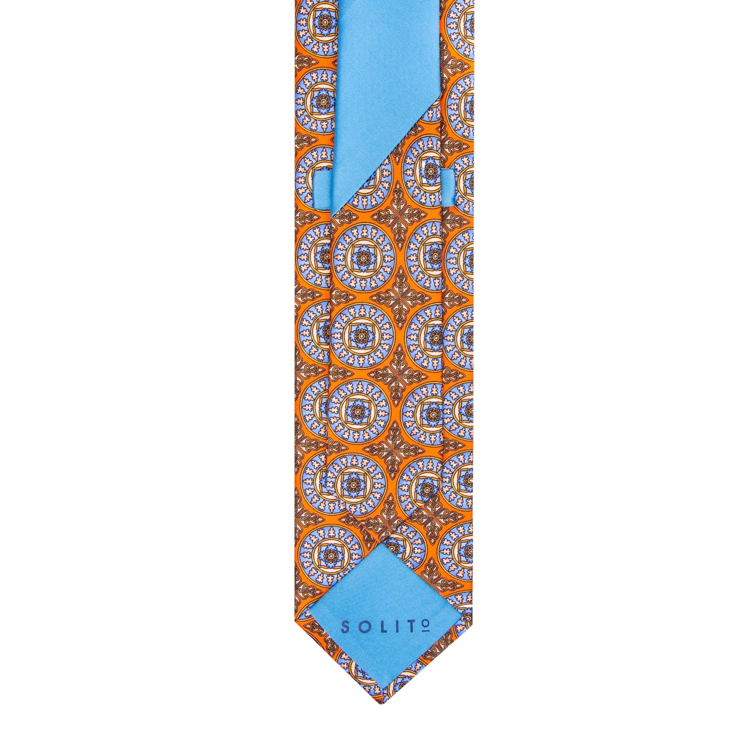 CORBATA SOLITO FONDO NARANJA CON MEDALLONES AZULES
