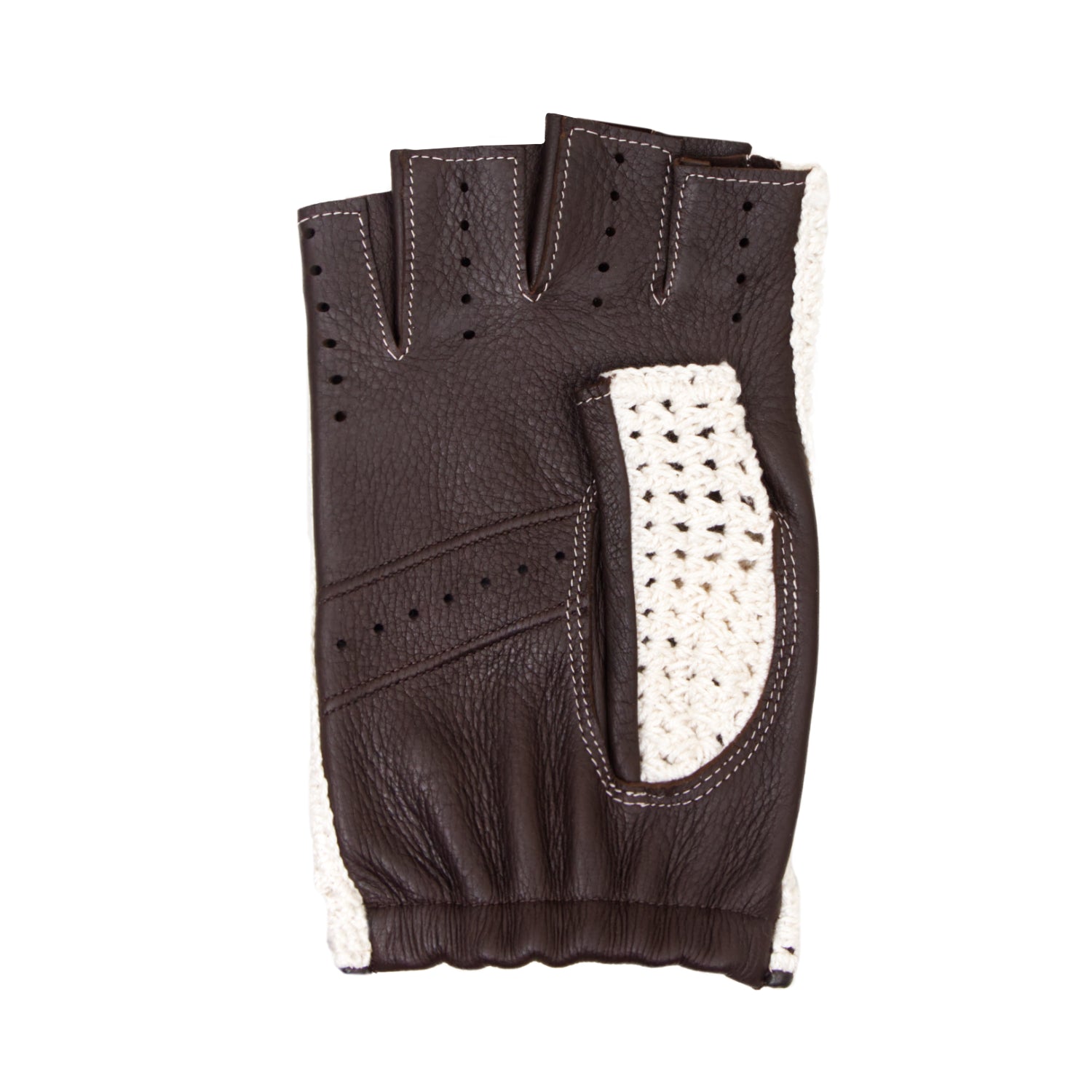 GUANTES PARA CONDUCIR EN "CROCHET" BLANCO Y PIEL DE CIERVO NEGRA