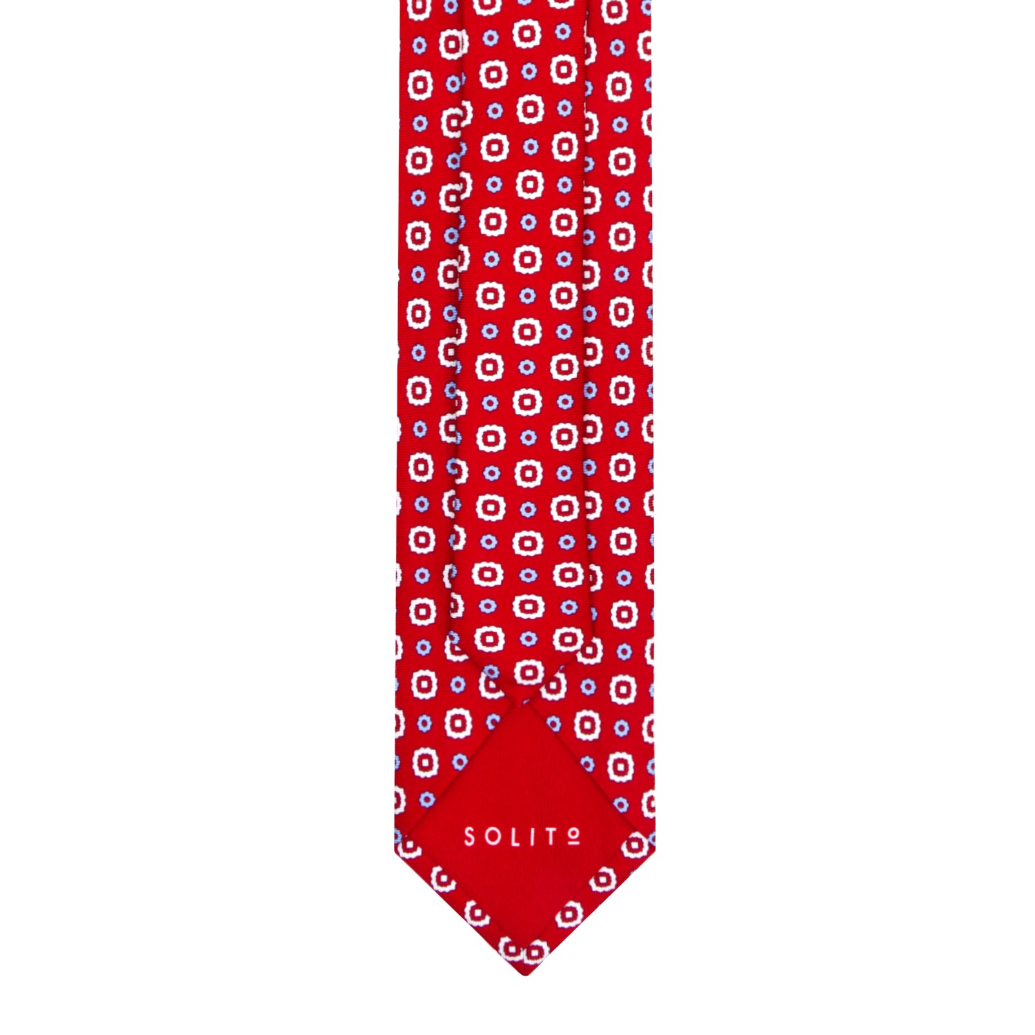CORBATA 7 PLIEGUES EN SEDA CON FLORES BLANCAS, ROJAS Y AZULES EN ROJO