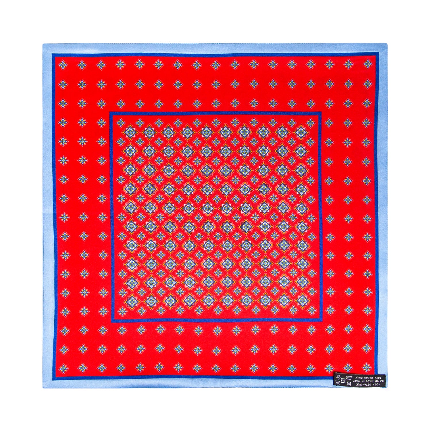 PAÑUELO DE SEDA MILLEFIORI ROJO CON DETALLES AMARILLO Y AZUL