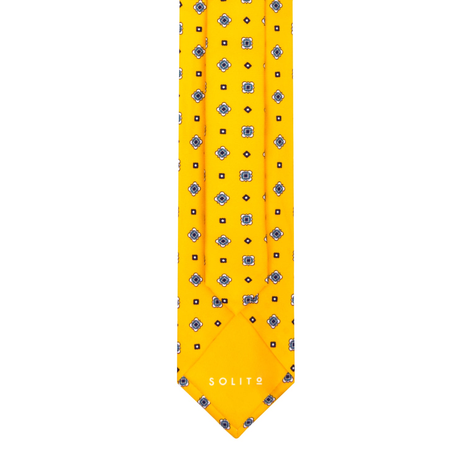 CORBATA 7 PLIEGUES EN SEDA CON FLORES BLANCAS Y AZULES Y PUNTOS EN AZUL MEDIANOCHE EN AMARILLO