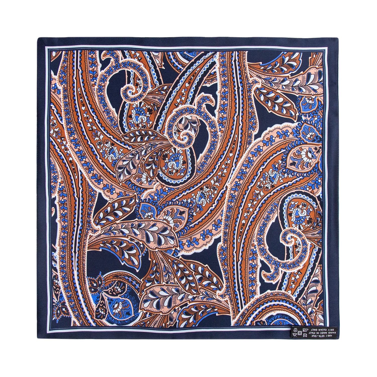 PAÑUELO DE SEDA CON GEOMETRÍAS DE CUADROS Y CÍRCULOS EN AZULES