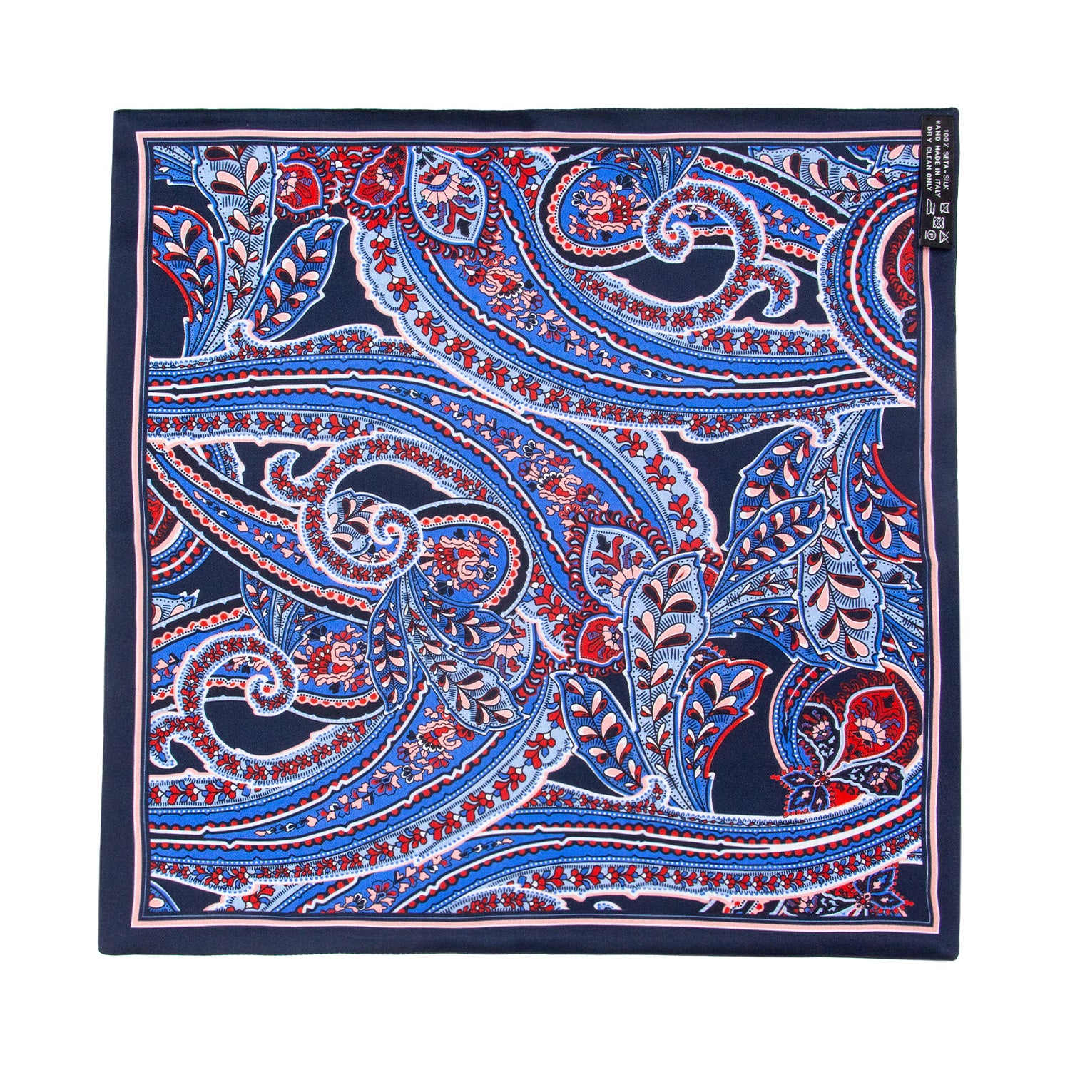 PAÑUELO DE SEDA CON GEOMETRÍAS DE CUADROS Y CÍRCULOS EN AZUL Y ROJO
