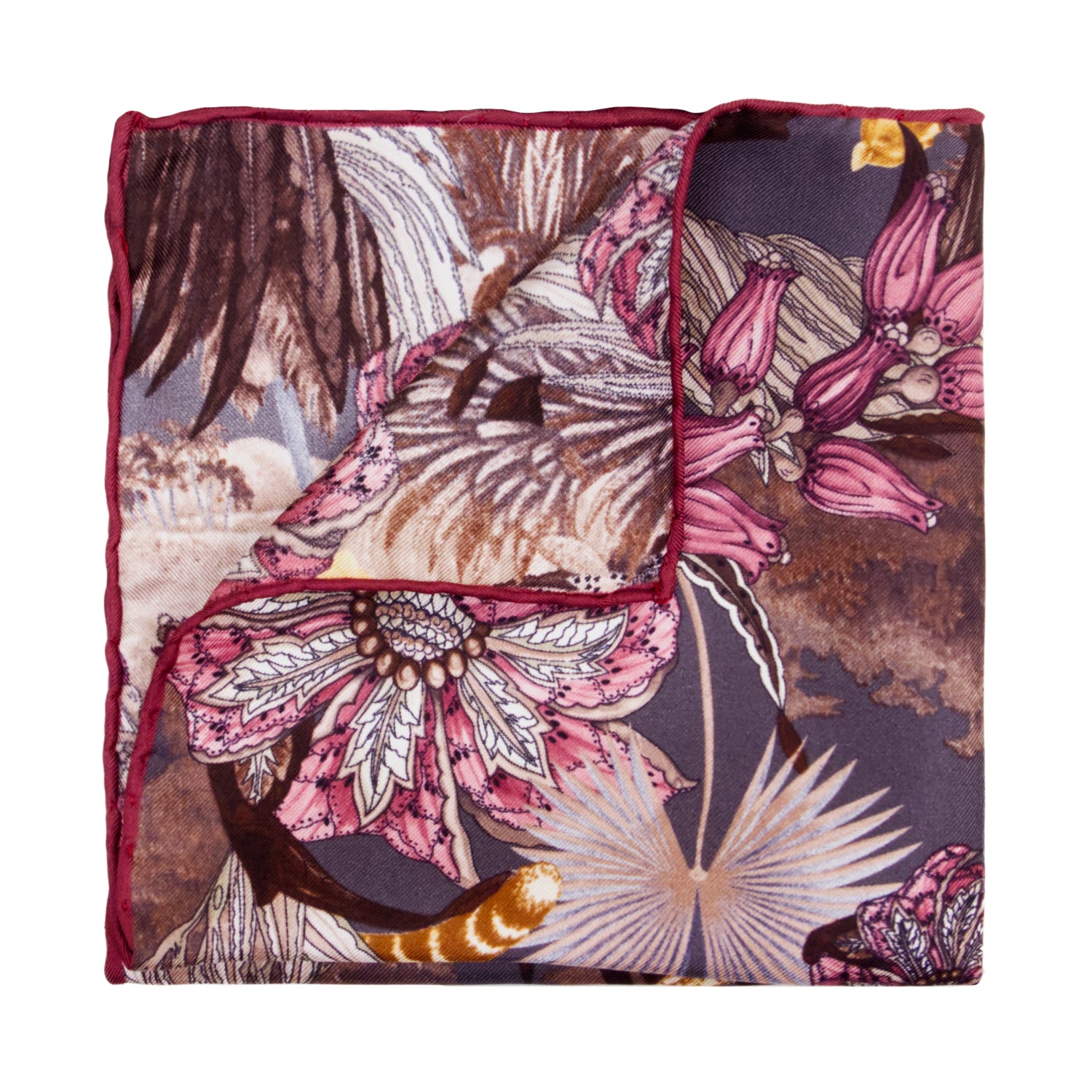 PAÑUELO DE SEDA CON FLORES EN COLOR BEIGE, GRIS, VERDE Y ROSA