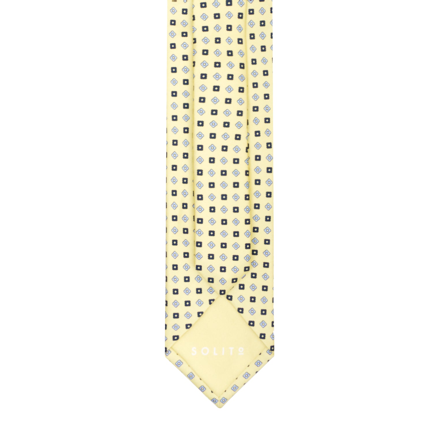 CORBATA 7 PLIEGUES EN SEDA CON ROMBOS AZUL OBSCURO Y FLORES AZULES EN AMARILLO LIMÓN