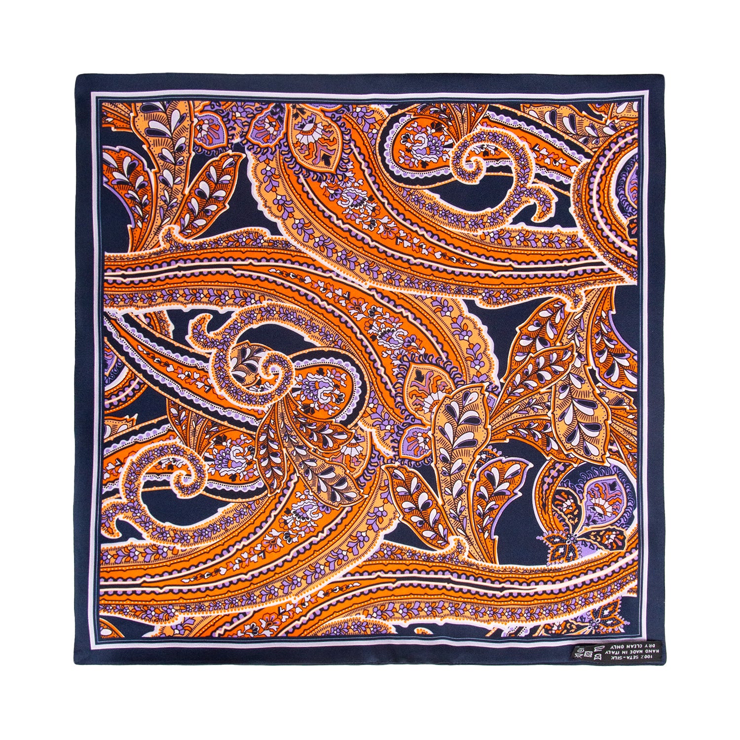 PAÑUELO DE SEDA CON GEOMETRÍAS DE CUADROS Y CÍRCULOS EN AZUL Y NARANJA