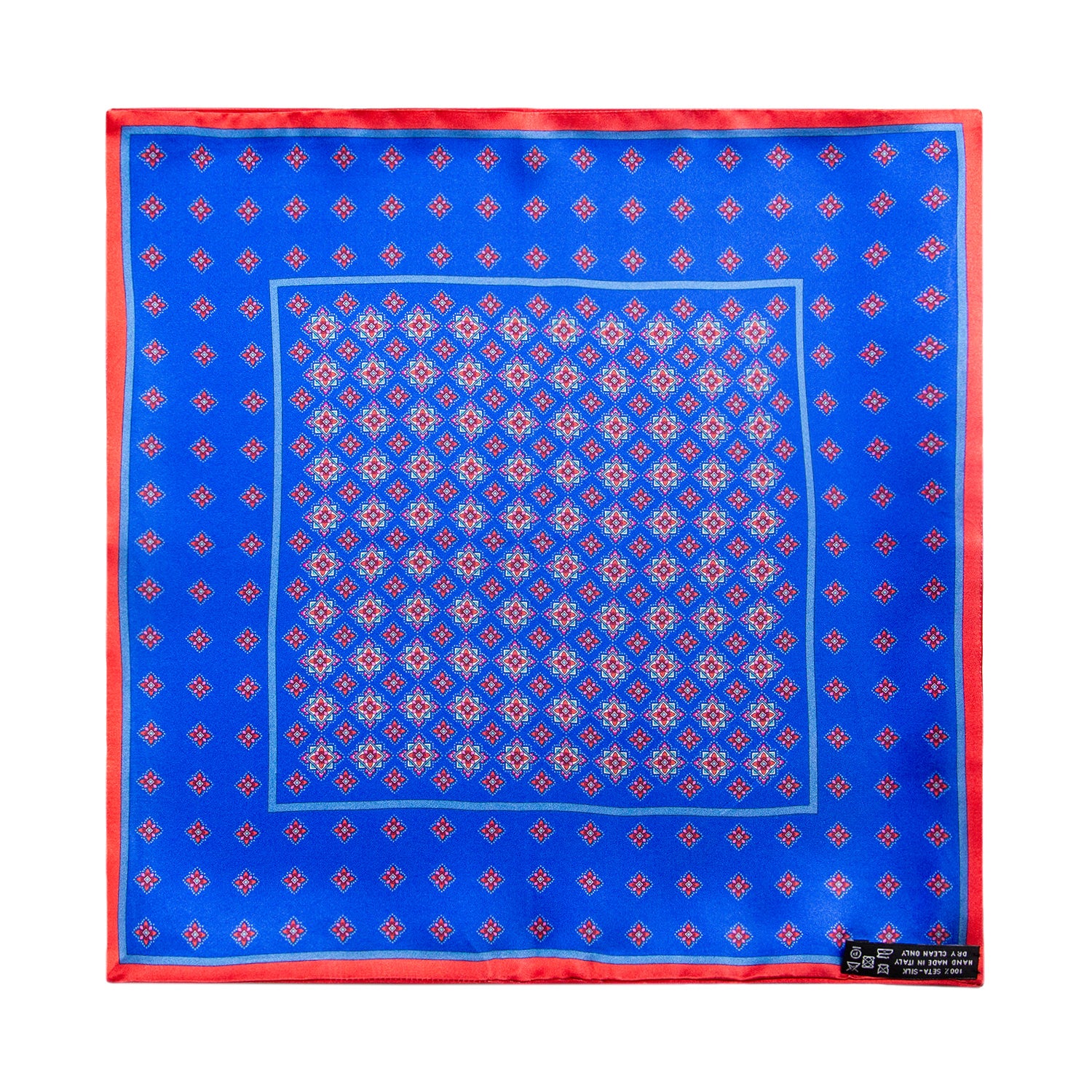 PAÑUELO DE SEDA MILLEFIORI AZUL CON DETALLES ROSA Y ROJO