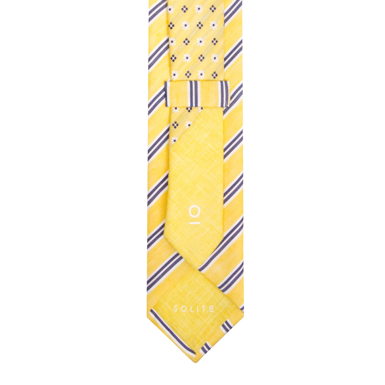 CORBATA DOBLE VISTA EN SEDA Y LINO CON RAYAS AZULES EN COLOR AMARILLO