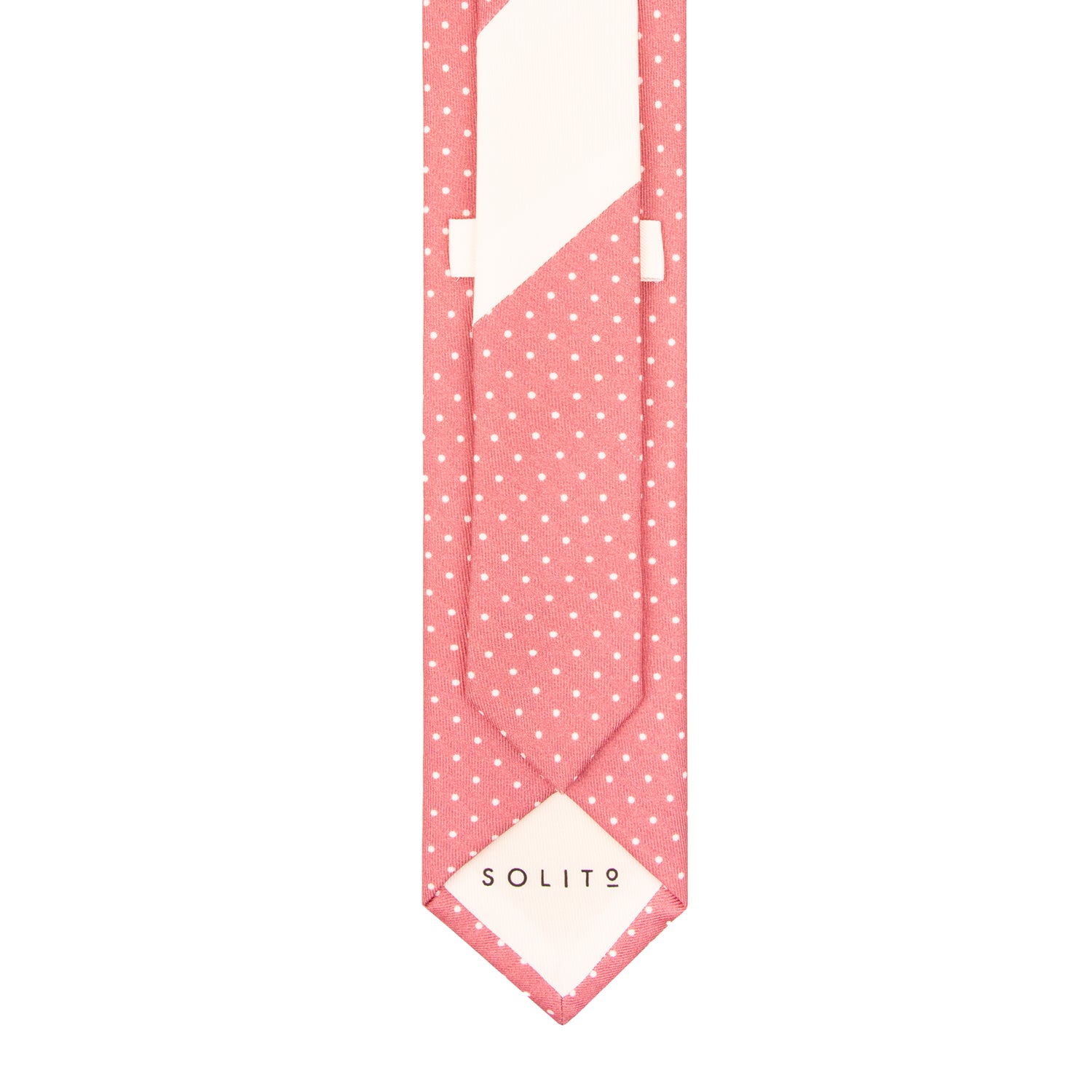 CORBATA SOLITO FONDO PALO DE ROSA  CON LUNARES POLKA DOT BLANCOS 100% SEDA