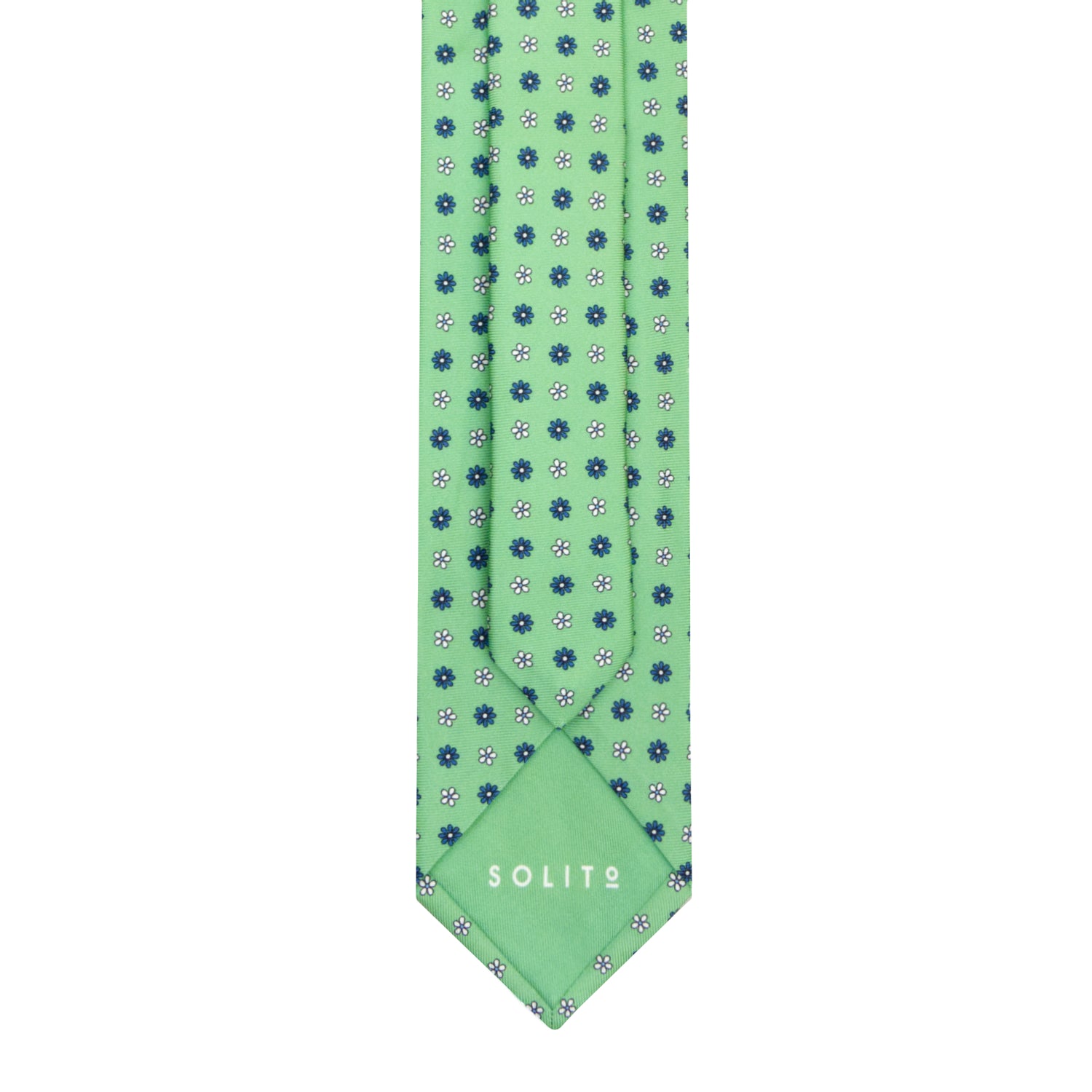 CORBATA 7 PLIEGUES EN SEDA WOOVEN CON FLORES EN BLANCO Y AZUL EN VERDE