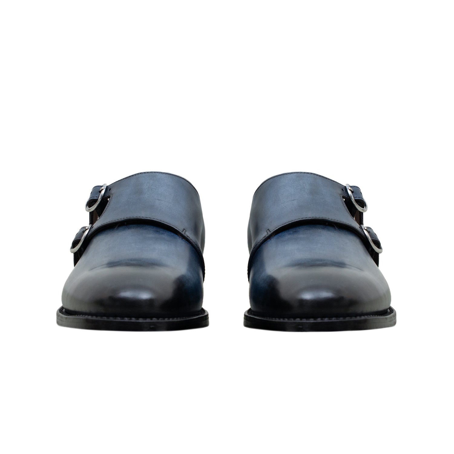 ZAPATO DOUBLE MONK ESTILO "BROGUE" EN CUERO CON PATINA A MANO EN COLOR AZUL