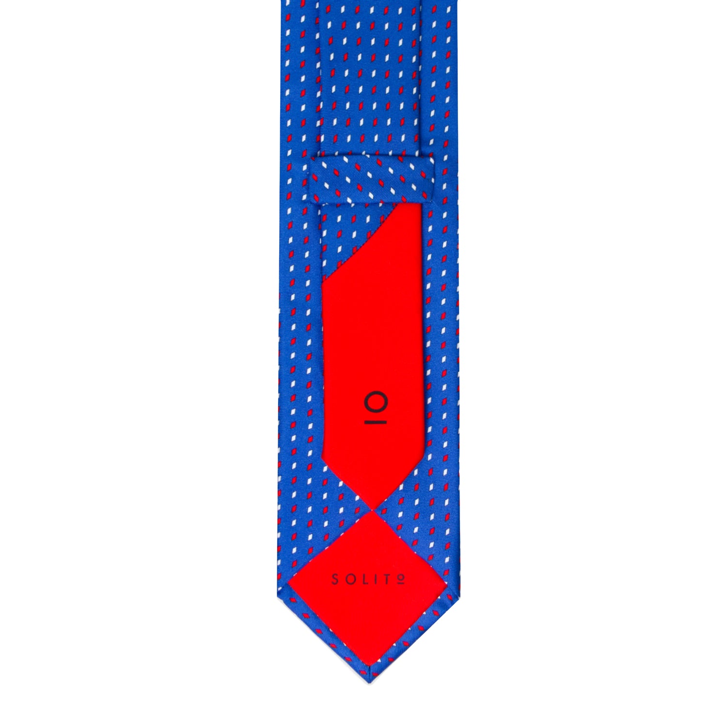 CAJA DE SEDA SET CORBATA CON PAÑUELO DE SEDA CON PUNTOS BLANCOS Y ROJOS EN AZUL