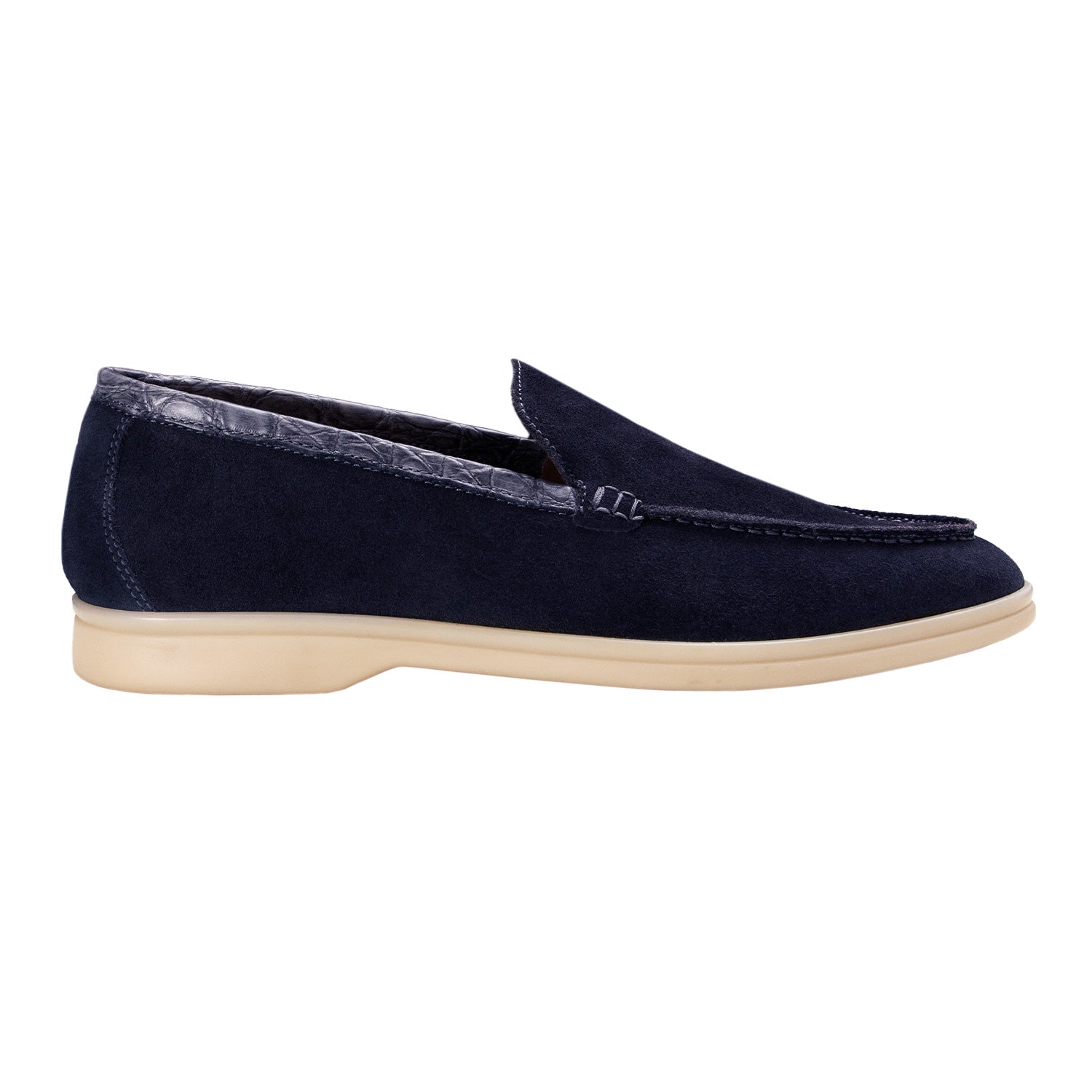 LOAFER BAJOS EN SUEDE Y DETALLES EN COCODRILO CONSTRUCCIÓN SACCHETTO COLOR AZUL MARINO