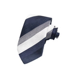 CORBATA 3 PLIEGUES DE SEDA Y LINO DE RAYAS AZUL MARINO Y BLANCO