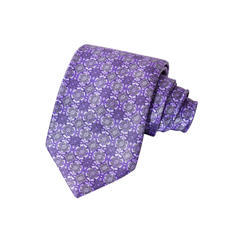 CORBATA EN SET CON PAÑUELO DE SEDA MORADO CON DISEÑOS DE CÍRCULOS MORADO CLARO