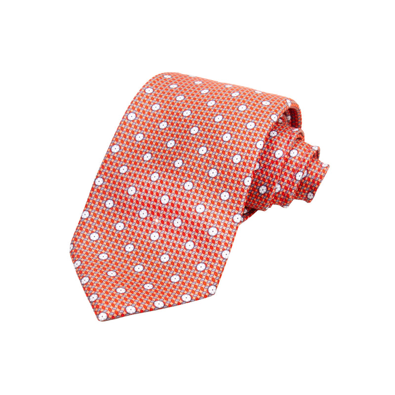 CORBATA EN SET CON PAÑUELO DE SEDA CON PUNTOS GRISES EN NARANJA