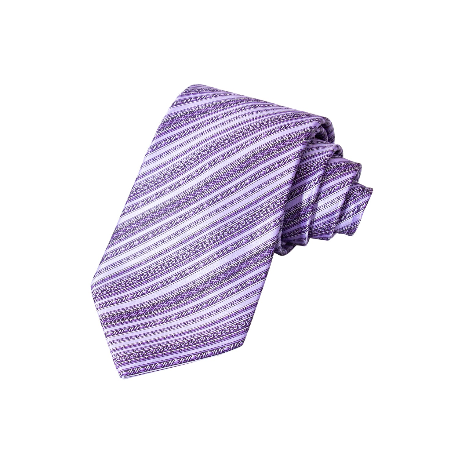 CORBATA EN SET CON PAÑUELO DE SEDA RAYADA EN FANTASÍAS LILA Y MORADO