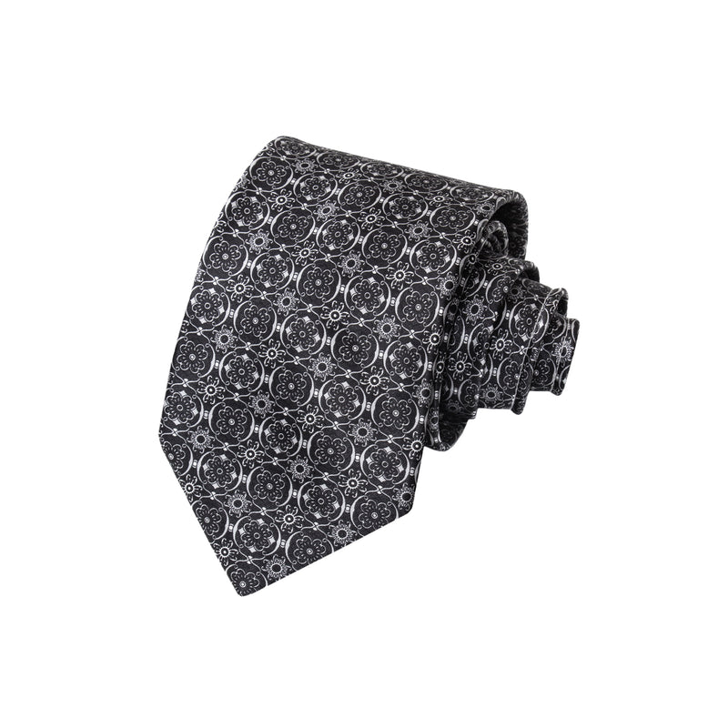 CORBATA EN SET CON PAÑUELO DE SEDA CON DIBUJOS GEOMÉTRICOS EN NEGRO Y GRIS