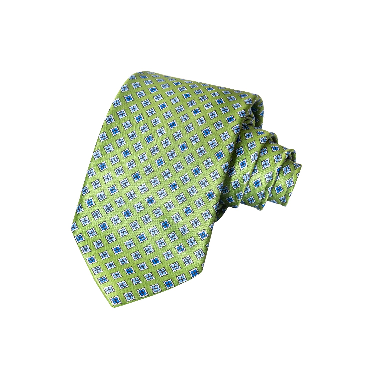 CORBATA EN SET CON PAÑUELO DE SEDA VERDE CON CUADROS AZUL CIELO