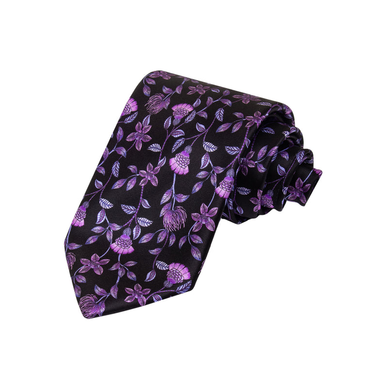 SET CAJA DE SEDA CORBATA/PAÑUELO SOLITO EN SEDA SATINADA COLOR NEGRO CON FLORES EN LILA