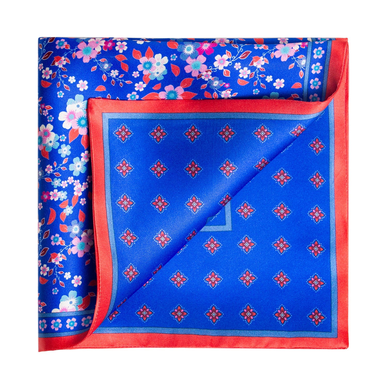 PAÑUELO DE SEDA MILLEFIORI AZUL CON DETALLES ROSA Y ROJO