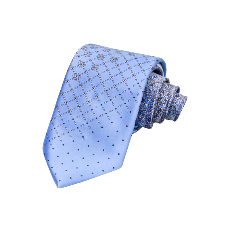 CORBATA EN SET CON PAÑUELO DE SEDA CON DIBUJOS GEOMÉTRICOS DE GRIS Y AZUL