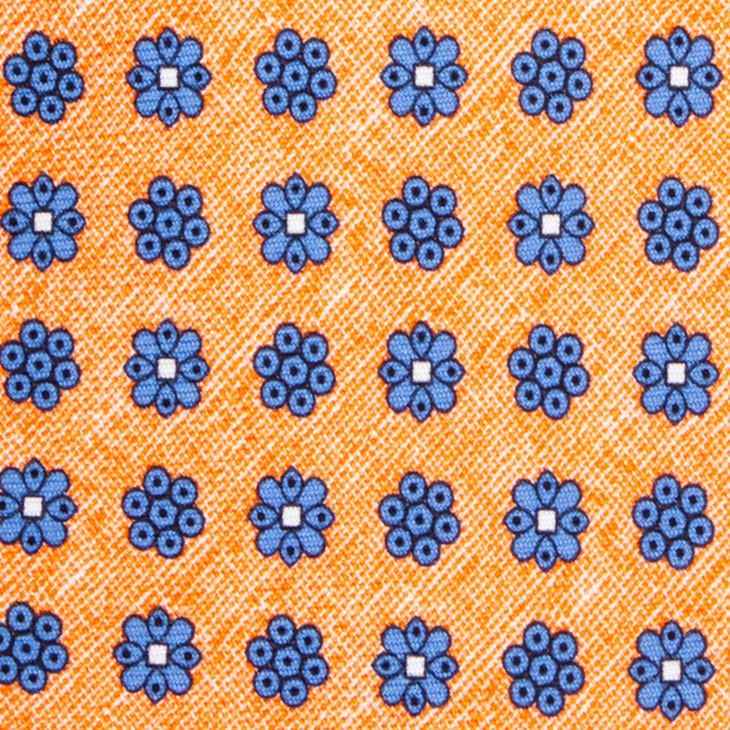 CORBATA 7 PLIEGUES EN SEDA CON DISEÑO LINO CON FLORES AZUL MEDIANOCHE EN NARANJA OBSCURO