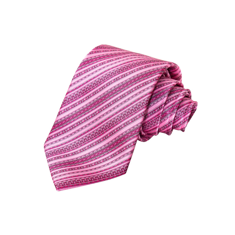 CORBATA EN SET CON PAÑUELO DE SEDA RAYADA EN FANTASÍAS FUCSIA Y ROSA