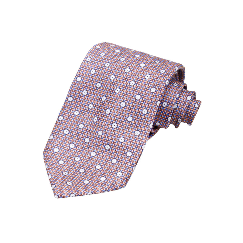 CORBATA EN SET CON PAÑUELO DE SEDA CON PUNTOS MARRONES EN AZUL
