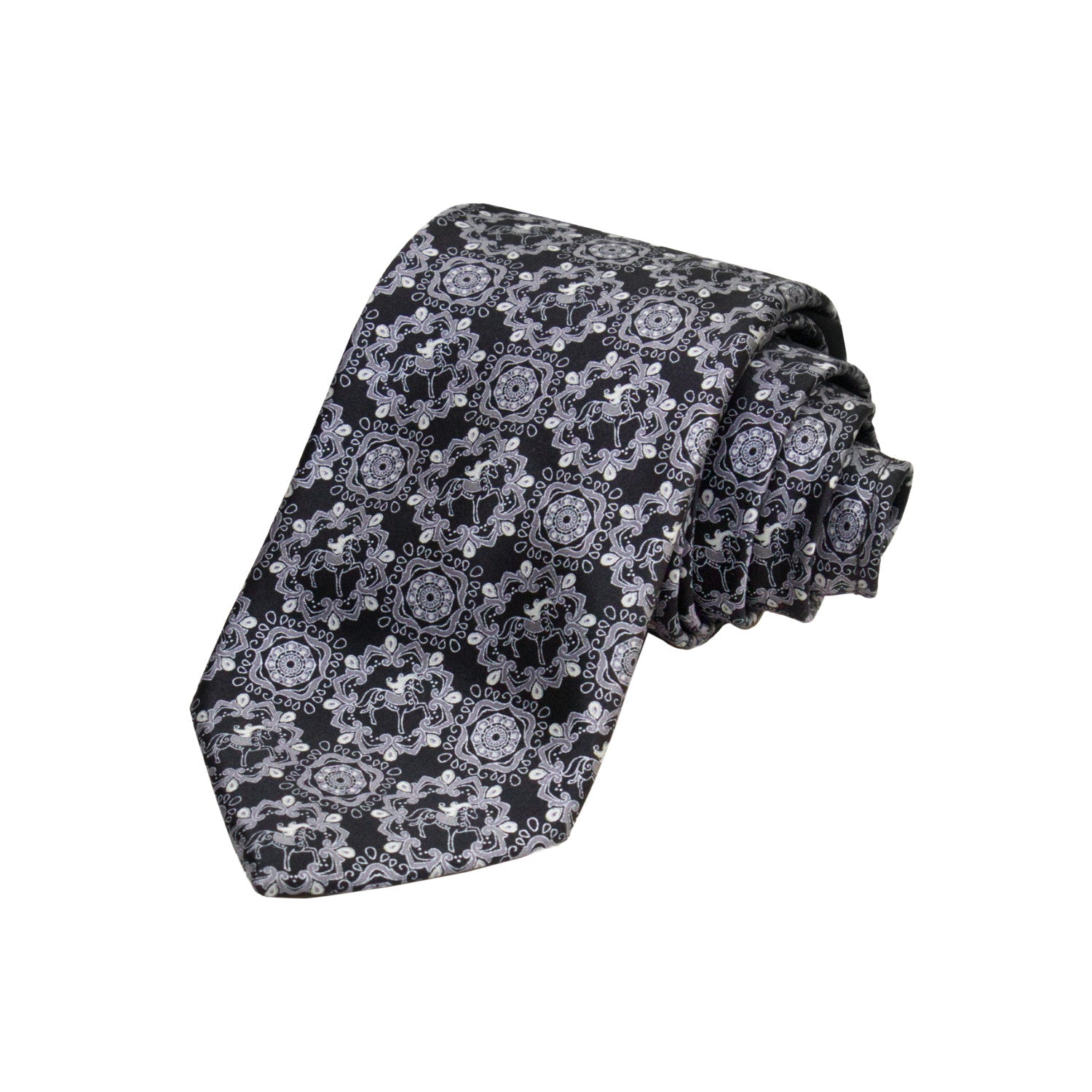CORBATA EN SET CON PAÑUELO DE SEDA CON DIBUJOS GEOMÉTRICOS EN NEGRO Y GRIS