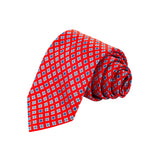 SET CAJA DE SEDA CORBATA/PAÑUELO SOLITO EN SEDA SATINADA COLOR ROJO CON ESTAMPADOS EN AZUL CLARO Y MARINO