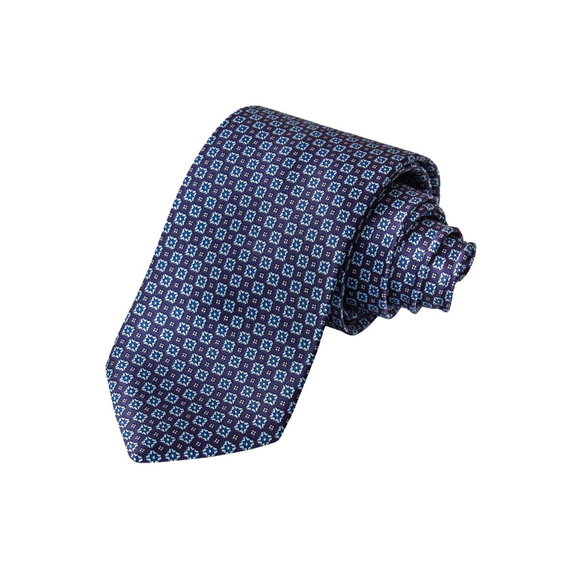 CORBATA EN SET CON PAÑUELO DE SEDA AZUL MARINO CON DISEÑO DE MICROCUADROS AZUL CIELO
