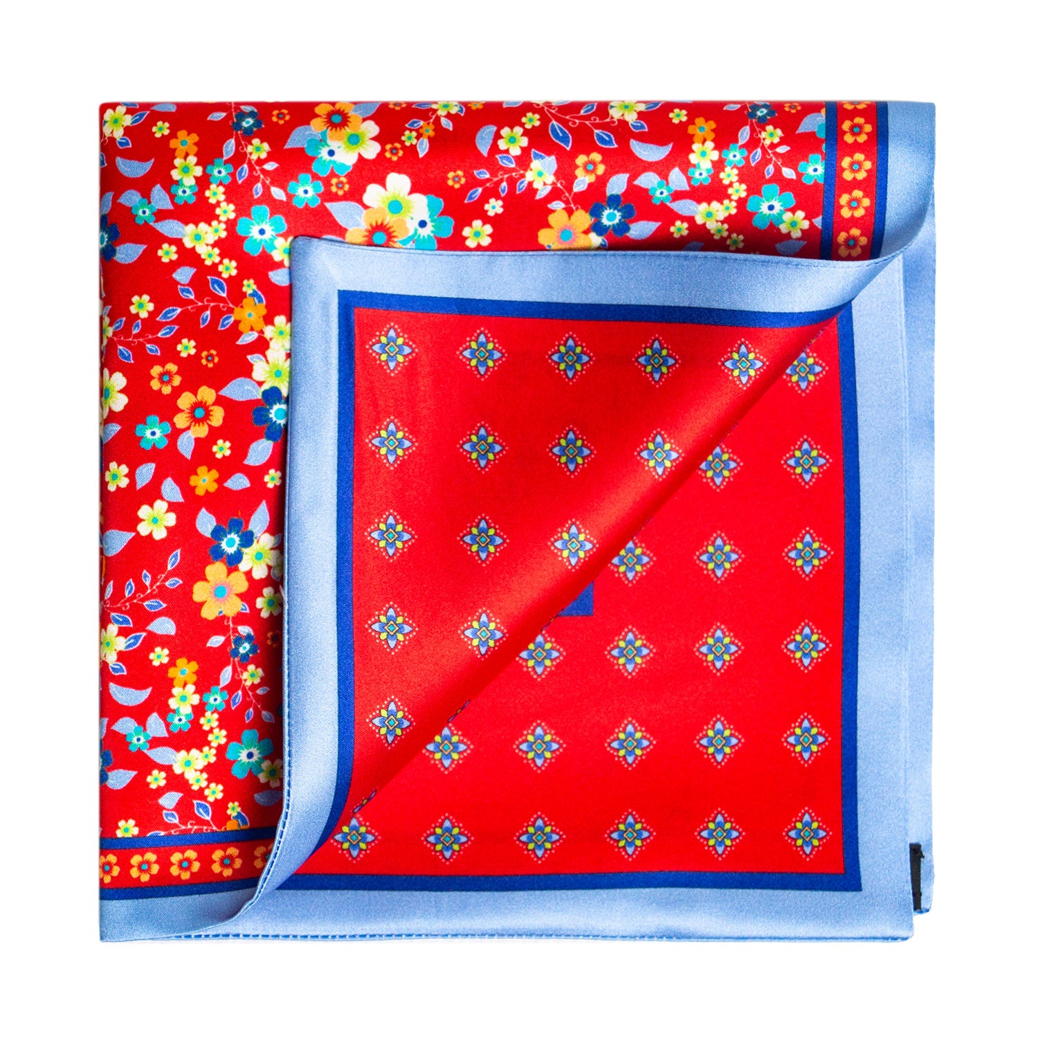 PAÑUELO DE SEDA MILLEFIORI ROJO CON DETALLES AMARILLO Y AZUL
