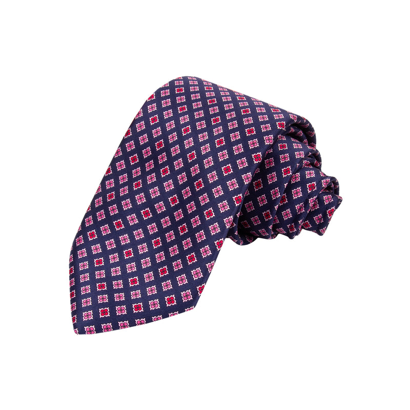 SET CAJA DE SEDA CORBATA/PAÑUELO SOLITO EN SEDA SATINADA COLOR MARINO CON ESTAMPADOS EN ROSA/ROJO