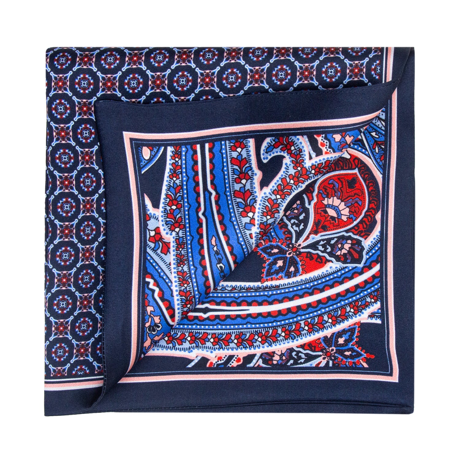 PAÑUELO DE SEDA CON GEOMETRÍAS DE CUADROS Y CÍRCULOS EN AZUL Y ROJO