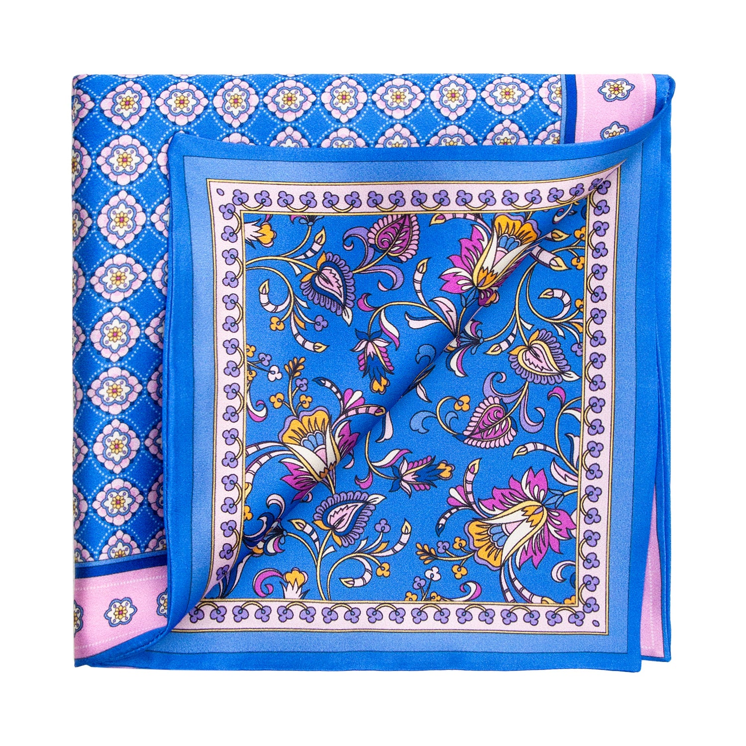 PAÑUELO DE SEDA AZUL CON FLORES GEOMÉTRICOS EN ROSA Y AZUL MEDIANOCHE