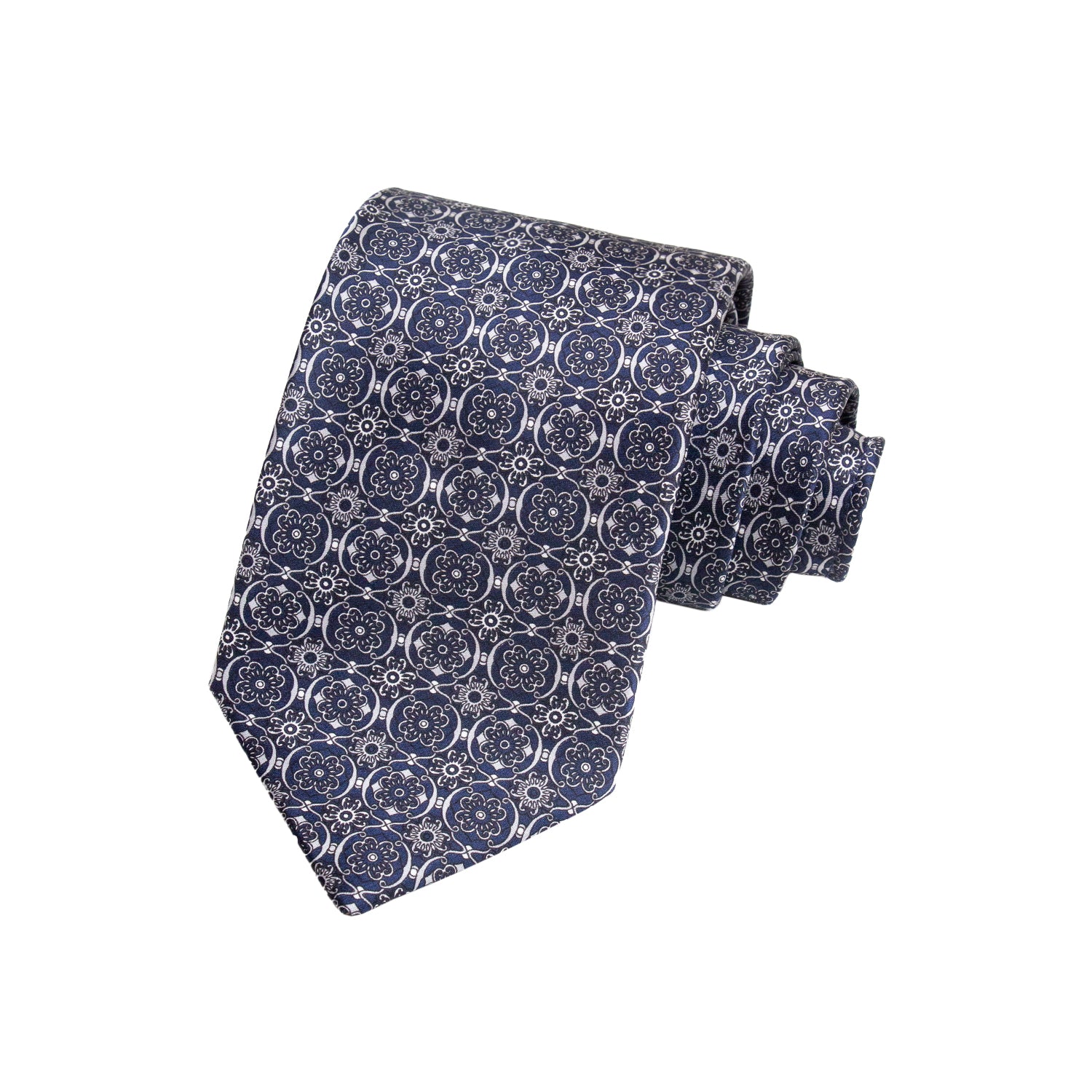 CORBATA EN SET CON PAÑUELO DE SEDA CON DIBUJOS GEOMÉTRICOS EN GRIS Y AZUL MARINO