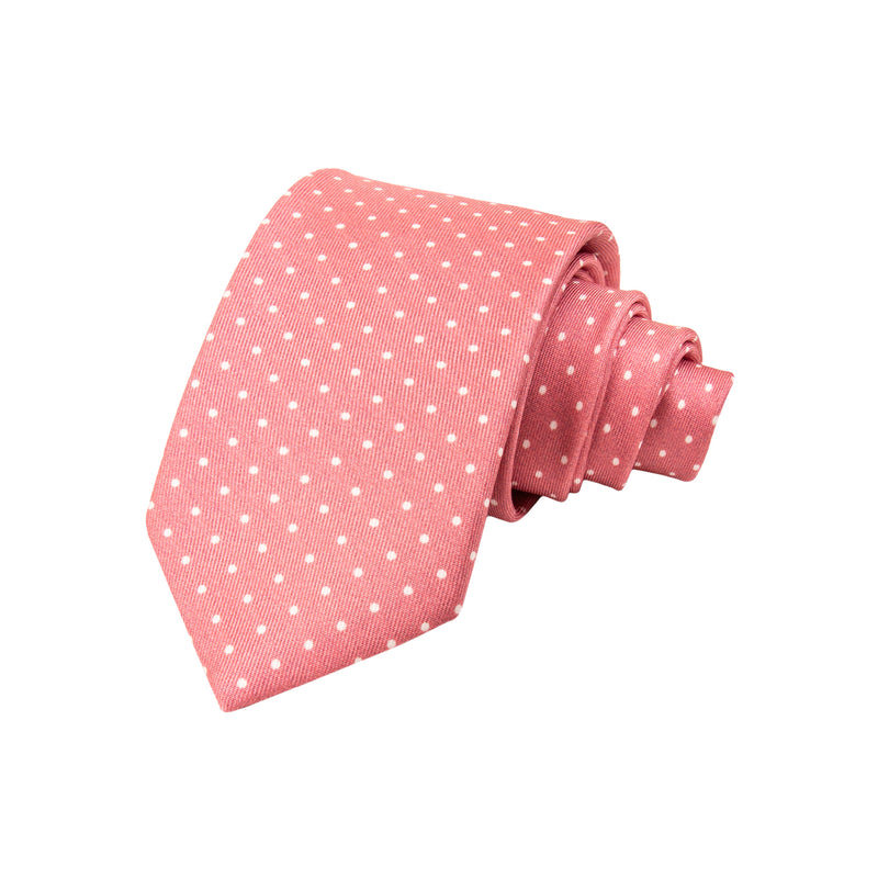 CORBATA SOLITO FONDO PALO DE ROSA  CON LUNARES POLKA DOT BLANCOS 100% SEDA