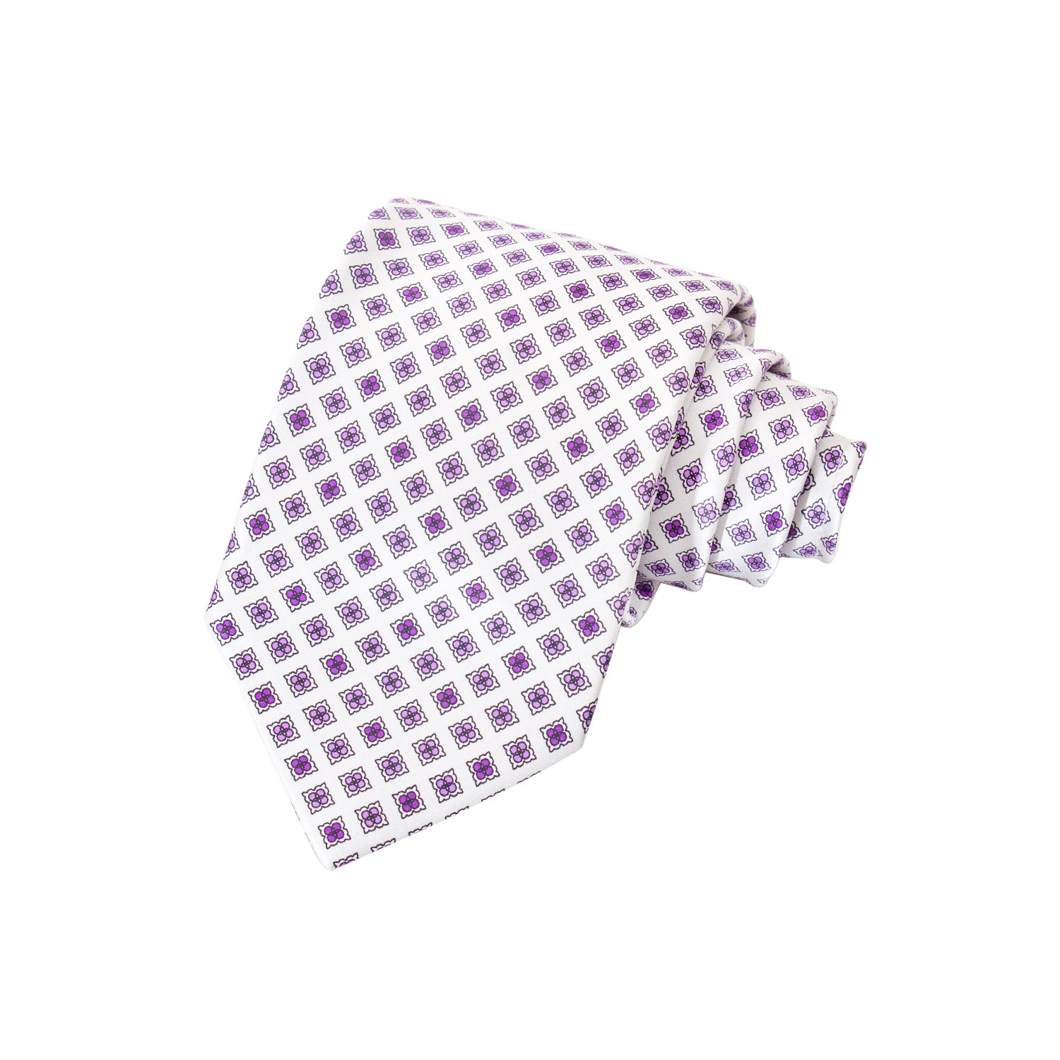 CORBATA EN SET CON PAÑUELO DE SEDA GRIS CLARO CON CUADROS MORADOS