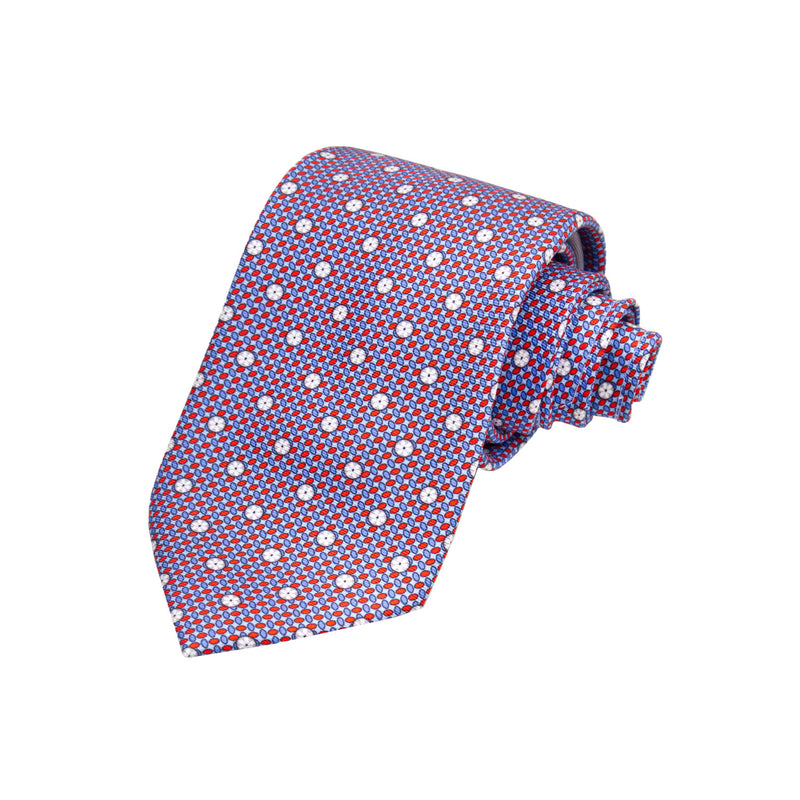 CORBATA EN SET CON PAÑUELO DE SEDA CON PUNTOS ROJOS EN AZUL