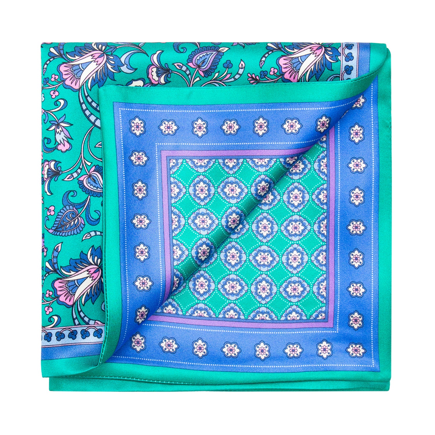PAÑUELO DE SEDA VERDE CON DETALLES FLOREALES BLANCO Y AZULES