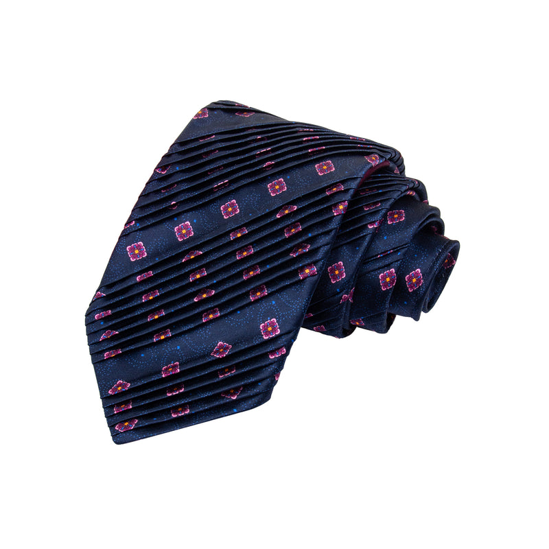 CORBATA PLISADA SOLITO EN SEDA SATINADA COLOR MARINO CON MANDALAS EN FIUCSA/ROSA