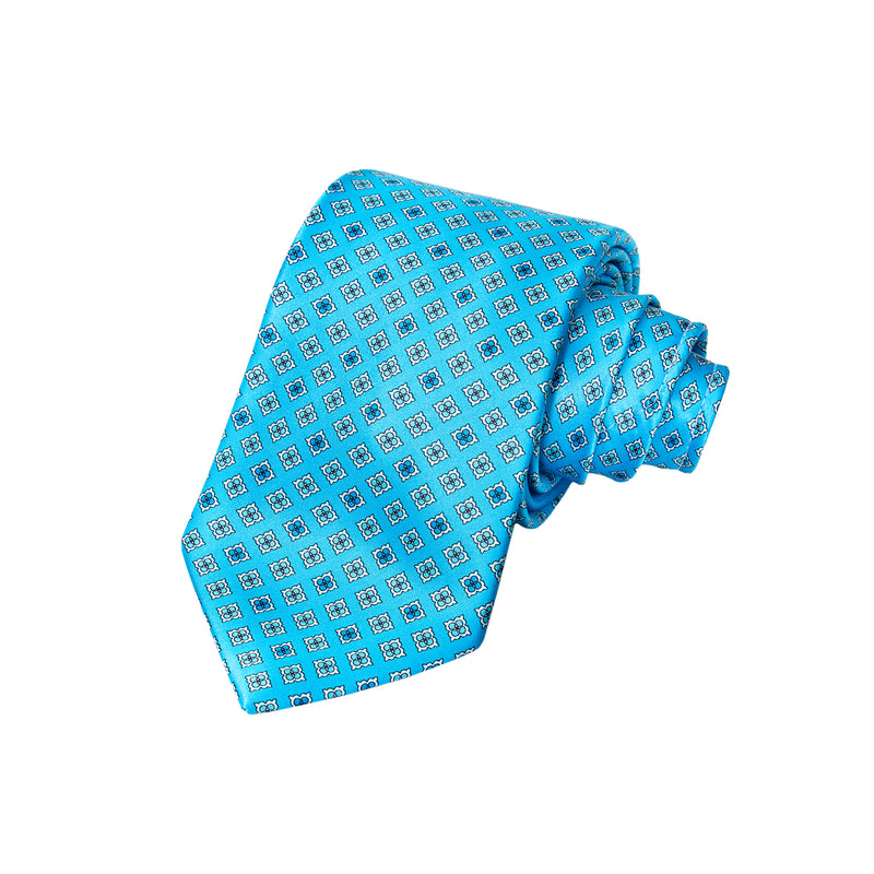 CORBATA EN SET CON PAÑUELO DE SEDA AZUL CLARO CON CUADROS TURQUESA