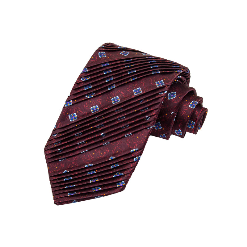 CORBATA PLISADA SOLITO EN SEDA SATINADA COLOR VINO CON MANDALAS EN AZUL MEDIO/LILA