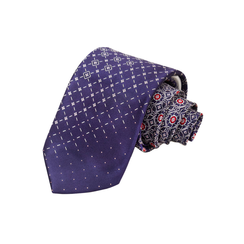 CORBATA EN SET CON PAÑUELO DE SEDA CON DIBUJOS GEOMÉTRICOS DE GRIS Y AZUL MEDIANOCHE