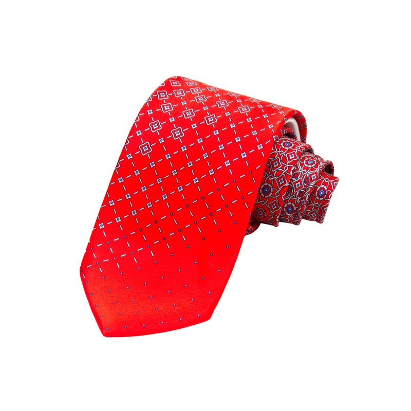 CORBATA EN SET CON PAÑUELO DE SEDA CON DIBUJOS GEOMÉTRICOS DE GRIS Y ROJO