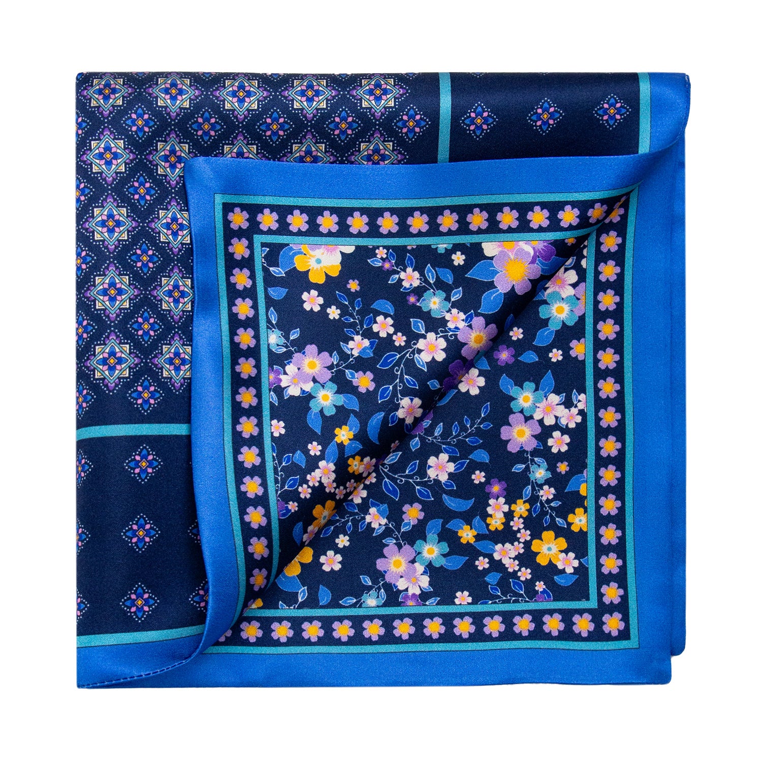 PAÑUELO DE SEDA MILLEFIORI AZUL CON DETALLES EN AZUL Y AMARILLO