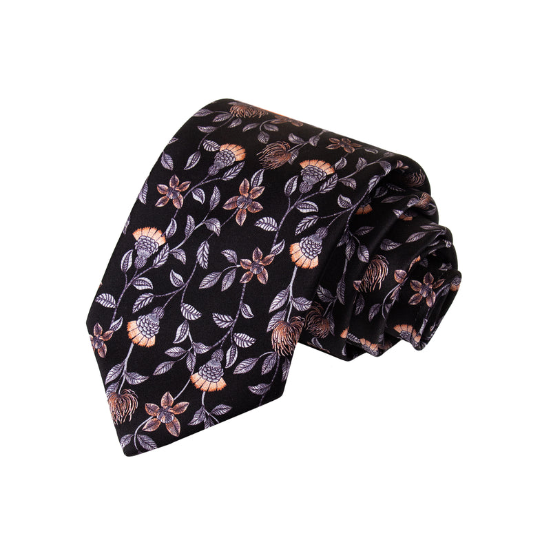 SET CAJA DE SEDA CORBATA/PAÑUELO SOLITO EN SEDA SATINADA COLOR NEGRO CON FLORES EN NARANJA/GRIS