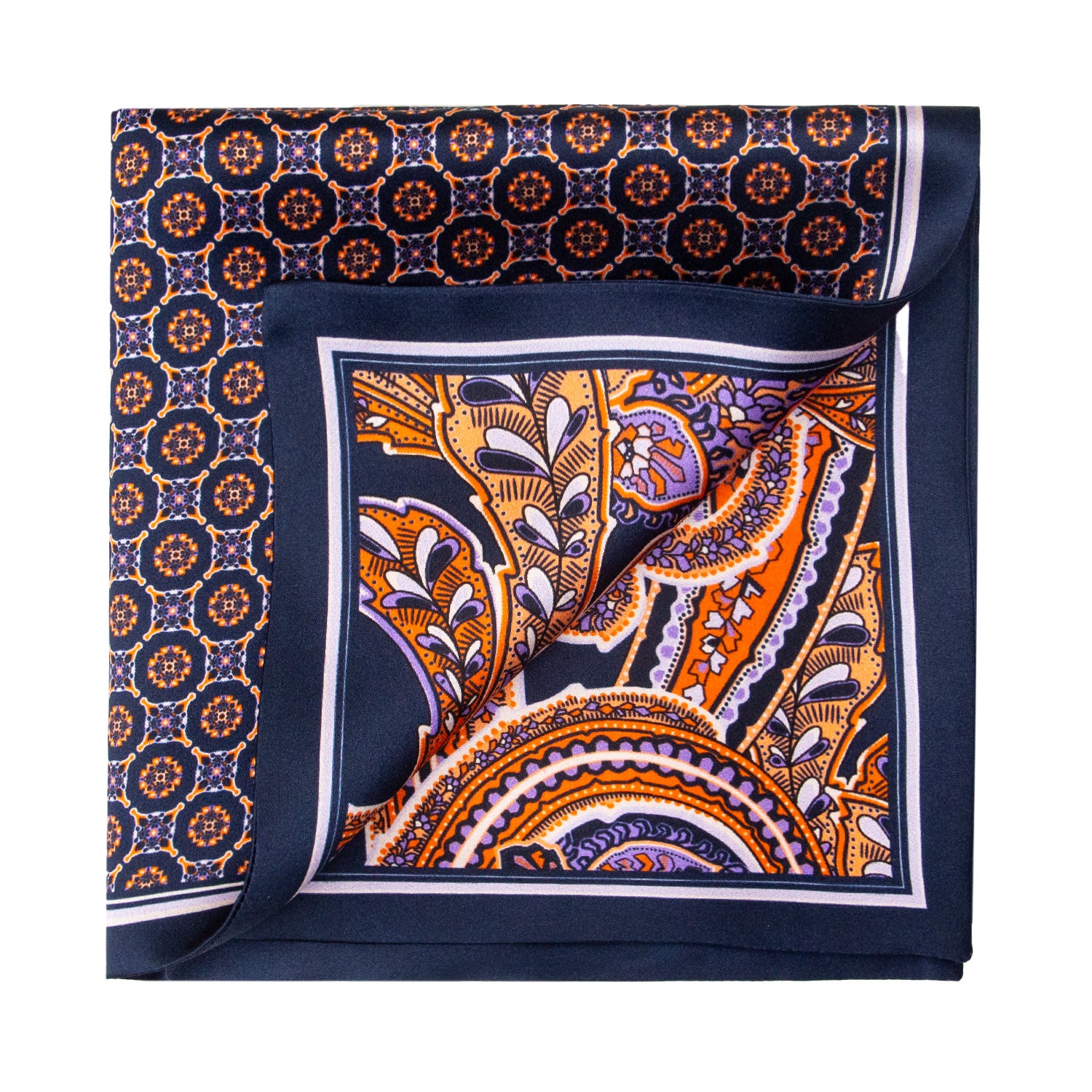 PAÑUELO DE SEDA CON GEOMETRÍAS DE CUADROS Y CÍRCULOS EN AZUL Y NARANJA